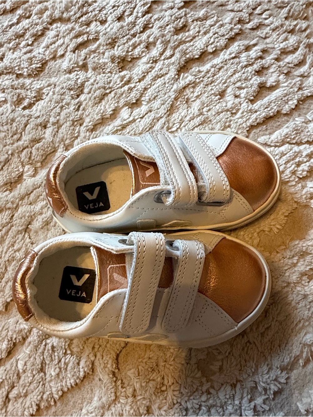 Veja Kids White Sneakers with Rose Gold Accents - Velcro Straps